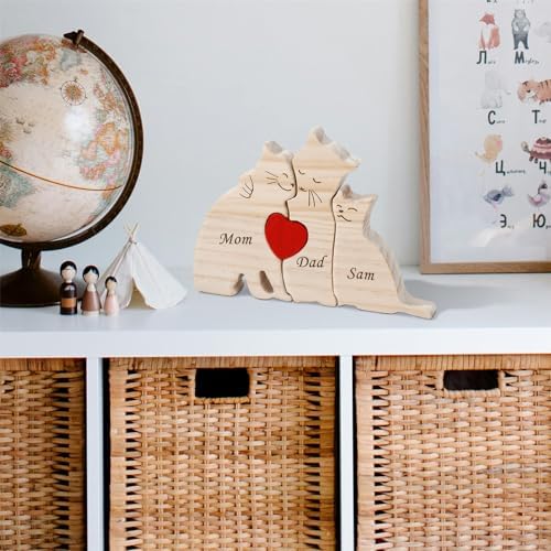 Personalized Wooden Puzzle With 2-8 Family Name Wooden Cat Sculpture Customizable Name Art Puzzle Gift For Father Mother Birth Day For Mom Dad Home Decoration Desktop Ornament (Color 5)