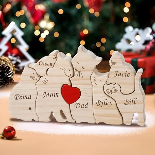 Personalized Wooden Puzzle with 2-8 Family Name Wooden Cat Sculpture Customizable Name Art Puzzle Gift for Father Mother Birth Day for Mom Dad Home Decoration Desktop Ornament (Color 5)