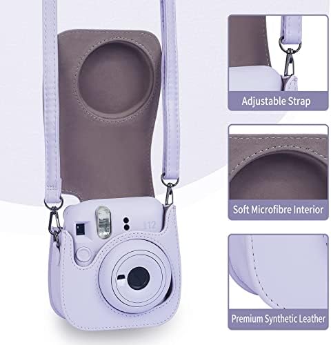 Phetium Instant Mini 12 Camera Protective Case Compatible With Instax Mini 12 11 PU Leather Bag With Pocket And Adjustable Shoulder Strap (Lilac Purple)