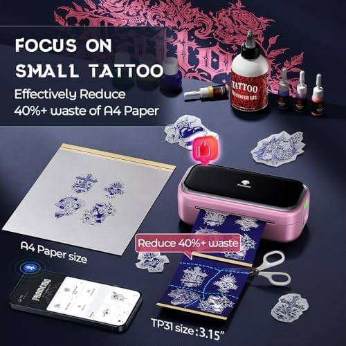Phomemo Tattoo Stencil Printer TP31 -Mini Tattoo Printer Machine With 30pcs Transfer Paper Small Portable Travel Machines For Tattoo Enthusiast/Beginners/Artists Easy To Use With Smartphone Pad- Pink