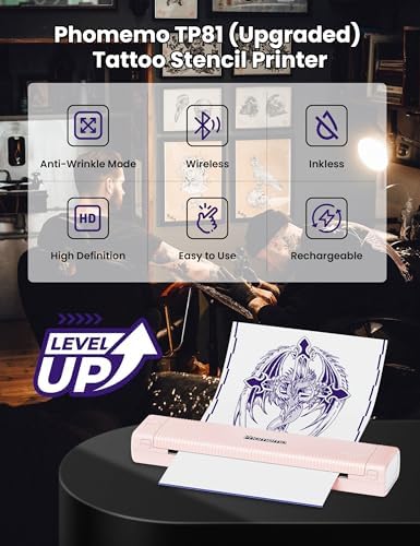 Phomemo TP81 Tattoo Stencil Printer Wireless Tattoo Machine With 10Pcs Transfer Paper Bluetooth Stencil Printer For Artists & Beginners Pink