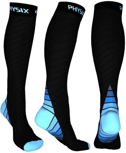 Physix Gear Sport Compression Socks Women & Men 20-30 mmHg Graduated Men & Women Compression Socks for Travel Pregnancy Black/Blue L/XL