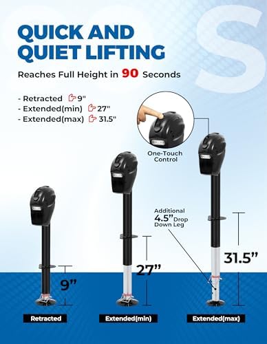 POLESTAR Electric Trailer Jack 5000lbs Electric Power A-Frame Tongue Jack With Waterproof Protective Cover & LED Light For Travel Trailer Camper RV 12V DC With Hard Wiring 9"-27" Lift