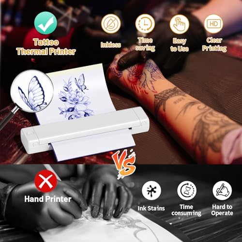 Ponek M08F Tattoo Stencil Printer Tattoo Printer Machine With 10 Pcs Transfer Paper Bluetooth Stencil Printers For Tattooing Tattoo Thermal Printers For Beginners & Temporary Tattoo White
