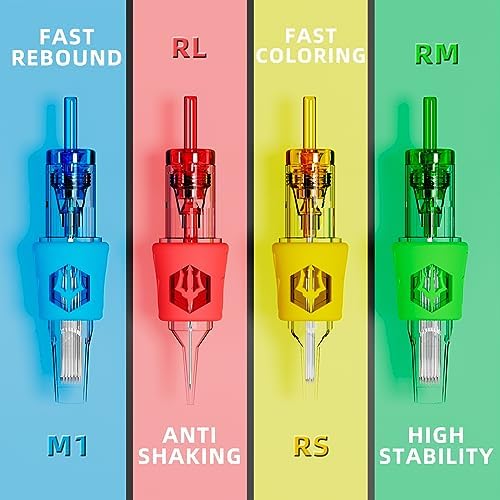 Poseidon 50Pcs Tattoo Cartridge Needles Assorted Mixed Size Round Liner Shader Magnum Curved/Round Mag # 12 Standard 3RL 5RL 7RL 9RL 5RS 7RS 9RS 7RM 9RM 9M1 Disposable Membrane For Tattoo Pen