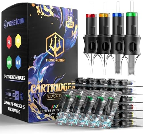 Poseidon 50PCS Tattoo Cartridge Needles Assorted Mixed Size #12 Round Liner Shader Magnum - 5RL 7RL 9RL 5RS 7RS 9RS 7M1 15M1 7RM 15RM with Membrane Professional Disposable Tattoo Needles
