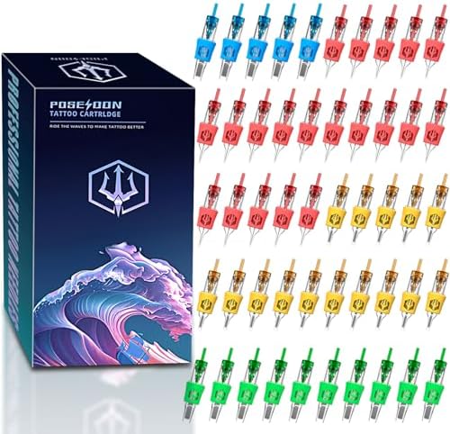 Poseidon 50Pcs Tattoo Cartridge Needles Assorted Mixed Size Round Liner Shader Magnum Curved/Round Mag # 12 Standard 3RL 5RL 7RL 9RL 5RS 7RS 9RS 7RM 9RM 9M1 Disposable Membrane for Tattoo Pen