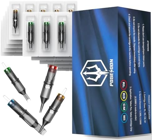 Poseidon Tattoo Cartridge Needles Assorted Mixed Size Round Liner Shader Magnum Curved/Round Mag 5rl 7rl 9rl 5rs 7rs 9rs 15m1 21m1 15cm 21cm Disposable Membrane Tattoo Needles 50Pcs