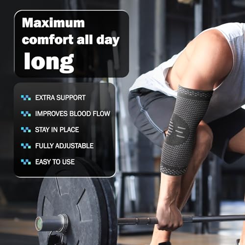 POWERLIX Elbow Brace Compression Support (Pair) - Elbow Sleeve For Tendonitis Tennis Elbow Brace And Golfers Elbow Treatment Arthritis Workouts Weightlifting-Reduce Elbow Pain (Black L)