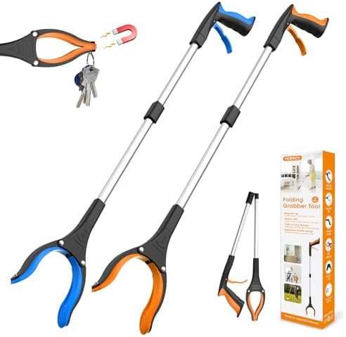 REWKCY 32in/83cm Grabber Reacher Tool 2-Pack Foldable Reacher Grabber with 360° Rotating Jaw & Magnet Heavy Duty Pick Up Stick for Seniors