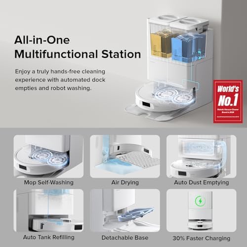 Roborock Qrevo Series Robot Vacuum And Mop 8000Pa Suction Upgraded From Qrevo S Anti-Tangle Brush Smart Obstacle Avoidance Auto Mop Washing All-in-One Dock 200RPM Spinning Mops White(QV 35A)