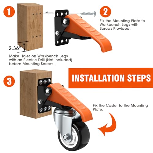Ronlap Workbench Casters Kit 880 Lbs Capacity 3" Extra Heavy Duty Retractable Casters 4 Pack Side Mounted Adjustable Table Stepdown Casters