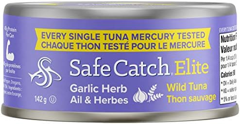 Safe Catch Elite Lowest Mercury Wild-Caught Tuna Fish Pouch Garlic Herb Flavor Gluten-Free Paleo Non-GMO High Protein Keto Food 2.6oz Pack of 6