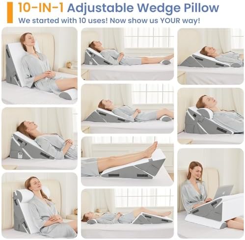 Sasttie Wedge Pillows For Adult 3PCS Adjustable Bed Wedge Pillow For Post Surgery Triangle Pillow Headboard With Bolster Cushion For Sleeping Acid Reflux Neck & Back Support White And Dark Grey