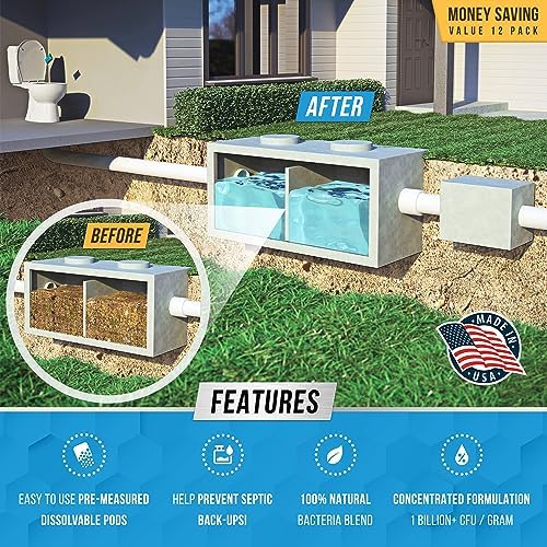 Septic Tank System Treatment Pods - 12 Dissolving Packets Enzyme-Producing Live Bacteria Solution 1 Year Supply Professional Eco-Friendly Maintenance Prevent Clogs Odor & Backups Made In USA