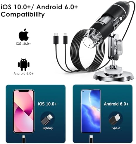 SKYBASIC USB Digital Microscope Camera Handheld HD Inspection Camera 50x-1600x Magnification With Adjustable Stand 8 LED Lights Portable Microscopes Compatible With IOS & Android Devices（Black）