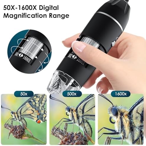 SKYBASIC USB Digital Microscope Camera Handheld HD Inspection Camera 50x-1600x Magnification With Adjustable Stand 8 LED Lights Portable Microscopes Compatible With IOS & Android Devices（Black）