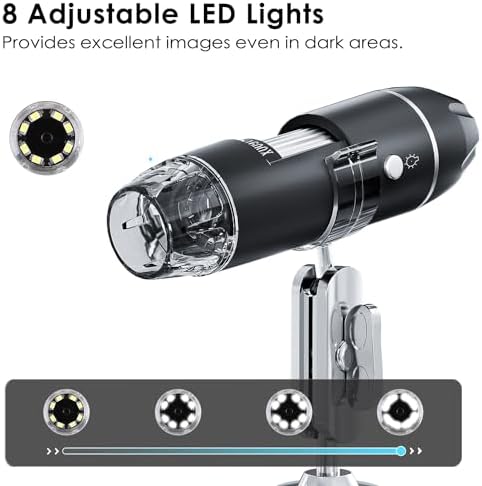 SKYBASIC USB Digital Microscope Camera Handheld HD Inspection Camera 50x-1600x Magnification With Adjustable Stand 8 LED Lights Portable Microscopes Compatible With IOS & Android Devices（Black）