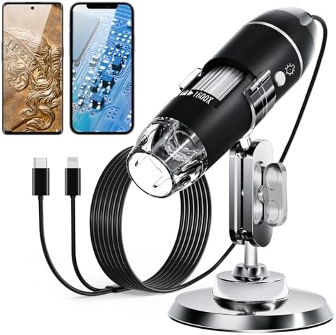 SKYBASIC USB Digital Microscope Camera Handheld HD Inspection Camera 50x-1600x Magnification with Adjustable Stand 8 LED Lights Portable Microscopes Compatible with iOS & Android Devices（Black）