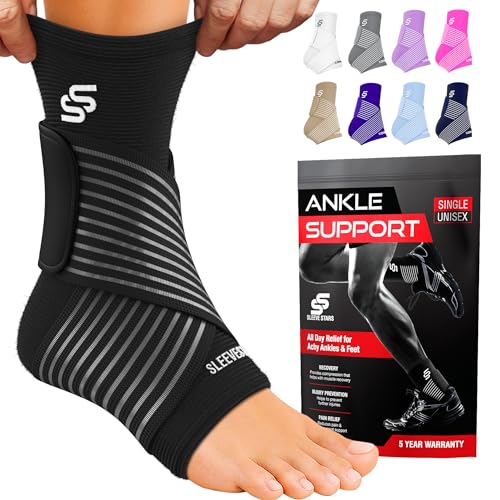 Sleeve Stars Ankle Brace for Women & Men Ankle Wrap for Sprain Compression Sleeve for Plantar Fasciitis Relief Easy Customizable Support: w/Removable Strap (Single/Black)