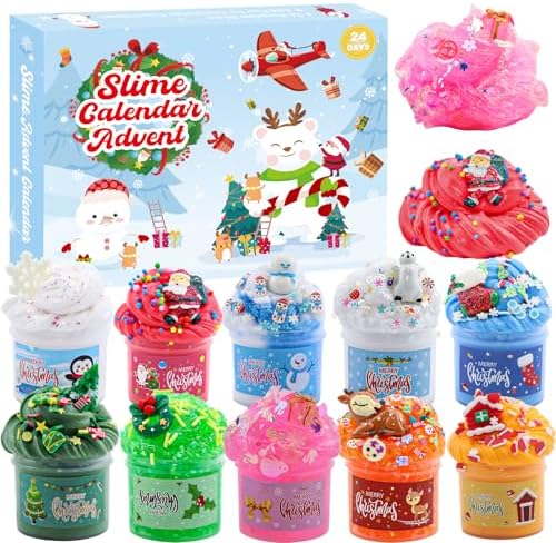 Slime Advent Calender 2025 for Kids Christmas Countdown Calendars 24 Days of Surprises with Different Texture Slime Toy Kit Funny GIfts for Toddler Teens Girls 4 5 6 7 8 9 10 11 12 Year Old