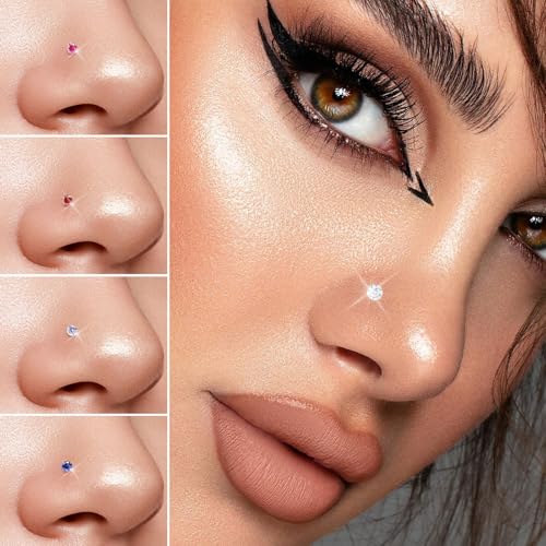 Small Gold Birthstone Nose Stud For Women 20G Hypoallergenic Nostril Solid 3mm Round CZ Nose Rings Studs For Women Tiny Gold Nose Piercing Jewelry (7.July-Ruby)