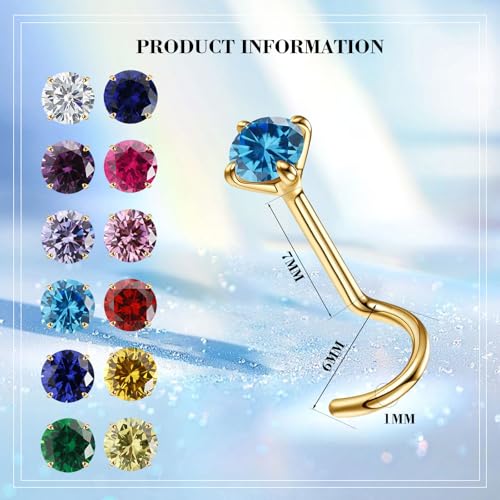 Small Gold Birthstone Nose Stud For Women 20G Hypoallergenic Nostril Solid 3mm Round CZ Nose Rings Studs For Women Tiny Gold Nose Piercing Jewelry (7.July-Ruby)