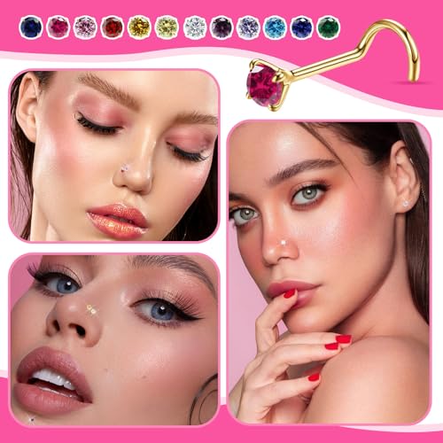 Small Gold Birthstone Nose Stud For Women 20G Hypoallergenic Nostril Solid 3mm Round CZ Nose Rings Studs For Women Tiny Gold Nose Piercing Jewelry (7.July-Ruby)