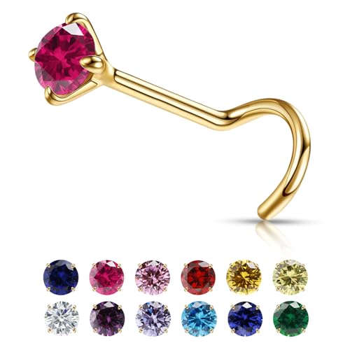Small Gold Birthstone Nose Stud for Women 20G Hypoallergenic Nostril Solid 3mm Round CZ Nose Rings Studs for Women Tiny Gold Nose Piercing Jewelry (7.July-Ruby)