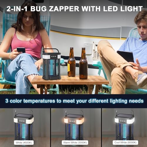Solar Bug Zapper 4200V Mosquito Zapper Cordless And Rechargeable Bug Zapper Outdoor With LED Light Portable Waterproof With Hook For Patio Camping Backyard Garden (Black)