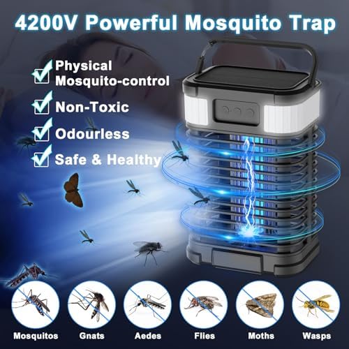 Solar Bug Zapper 4200V Mosquito Zapper Cordless And Rechargeable Bug Zapper Outdoor With LED Light Portable Waterproof With Hook For Patio Camping Backyard Garden (Black)