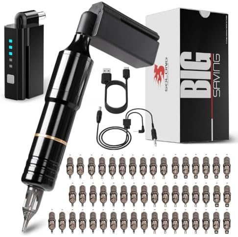 Solong Tattoo Pen Kit Rotary Tattoo Gun Machine with Wireless Tattoo Power Supply 50Pcs Cratridge Needles Black EM128KITPRD50-1