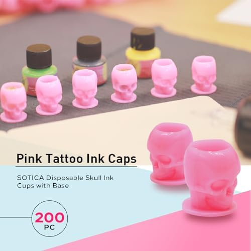 SOTICA 200pcs Skull Ink Caps - Disposable Tattoo Ink Cups For Tattooing & Makeup Pigment (Pink)