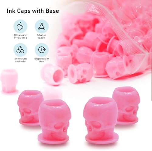 SOTICA 200pcs Skull Ink Caps - Disposable Tattoo Ink Cups For Tattooing & Makeup Pigment (Pink)