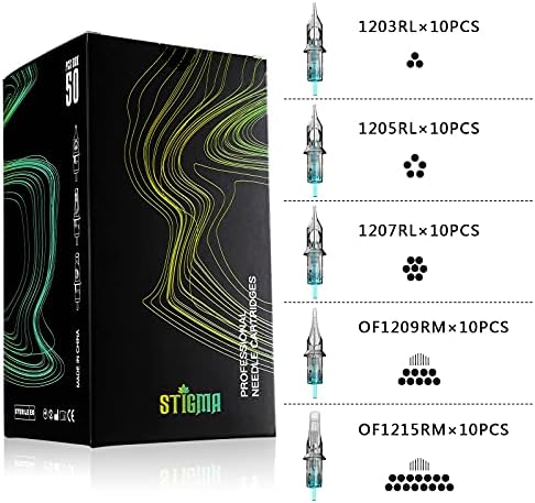 STIGMA Aquamarine Knight Tattoo Cartridge Needles 50pcs Assorted Sizes 0.35mm RL+RM (1203RL 1205RL 1207RL 1209RM 1215RM) Round Liner/Round Magnum EN02B-50KIT-X