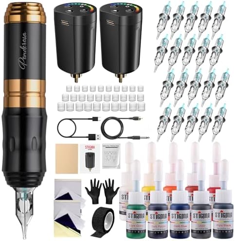 STIGMA Cordless Tattoo Gun Kit with Pro Tattoo Pen 2 Batteries 20 Needles Ink Set Accessories