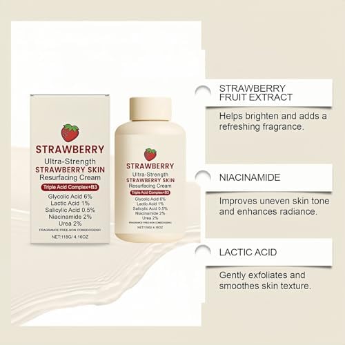Strawberry Skin Resurfacing Cream With Exfoliating Bath Brush Ultra Strength Exfoliating Treatment Cream With Triple-Acid Complex For Rough & Bumpy Skins Improves Skins Tone Texture (118g)