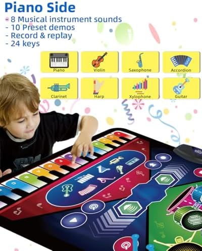 SUNLIN 2-in-1 Music Jam Mat Music Learning Toy For Boys Girls 3-6 Drum Set + Piano Mat Toddler Birthday Gift 3 4 5 6 Years Record & Playback Built-in Songs 8 Instrument Sounds Volume Control