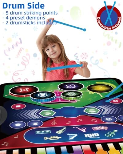 SUNLIN 2-in-1 Music Jam Mat Music Learning Toy For Boys Girls 3-6 Drum Set + Piano Mat Toddler Birthday Gift 3 4 5 6 Years Record & Playback Built-in Songs 8 Instrument Sounds Volume Control