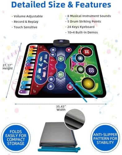 SUNLIN 2-in-1 Music Jam Mat Music Learning Toy For Boys Girls 3-6 Drum Set + Piano Mat Toddler Birthday Gift 3 4 5 6 Years Record & Playback Built-in Songs 8 Instrument Sounds Volume Control