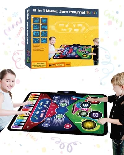 SUNLIN 2-in-1 Music Jam Mat Music Learning Toy for Boys Girls 3-6 Drum Set + Piano Mat Toddler Birthday Gift 3 4 5 6 Years Record & Playback Built-in Songs 8 Instrument Sounds Volume Control