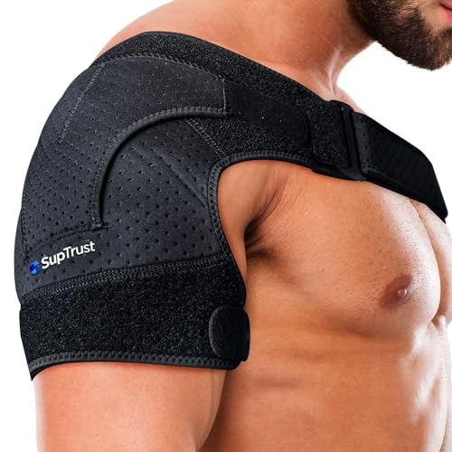 Suptrust Shoulder Brace for Men and Women: Shoulder Stability Support Brace Adjustable Fit Sleeve Wrap - Relief for Shoulder Injuries and Tendonitis - One Size Regular