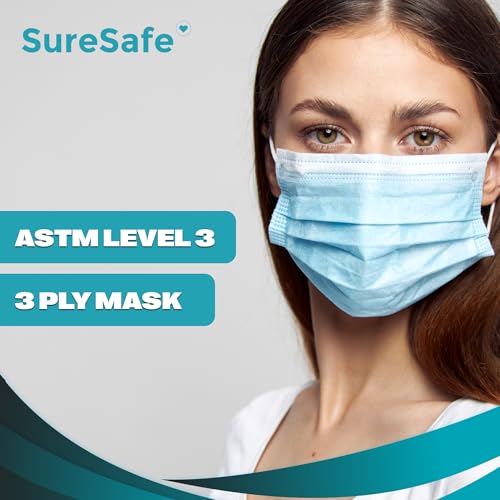 SureSafe 50 PCS ASTM Level-3 Masks Disposable Blue Face Mask Medical Mask Disposable Masks With Earloops Dust Mask