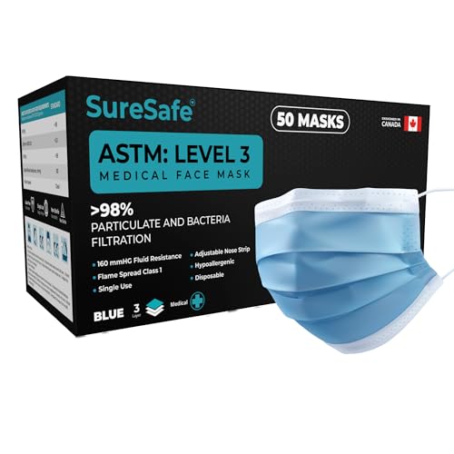 SureSafe 50 PCS ASTM Level-3 Masks Disposable Blue face mask Medical mask Disposable Masks with Earloops dust mask