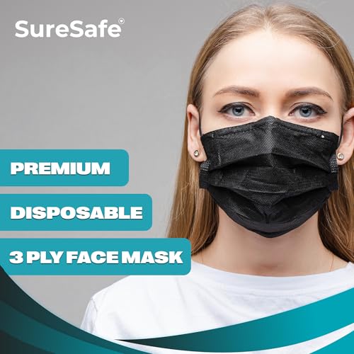 SURESAFE Premium Black Mask - Disposable Face Mask Pack Of 100 3 Ply Face Mask With Ear Loop Women And Men Face Mask High Filtration