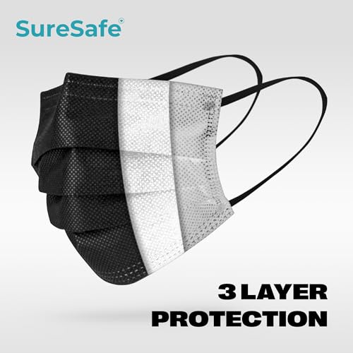 SURESAFE Premium Black Mask - Disposable Face Mask Pack Of 100 3 Ply Face Mask With Ear Loop Women And Men Face Mask High Filtration