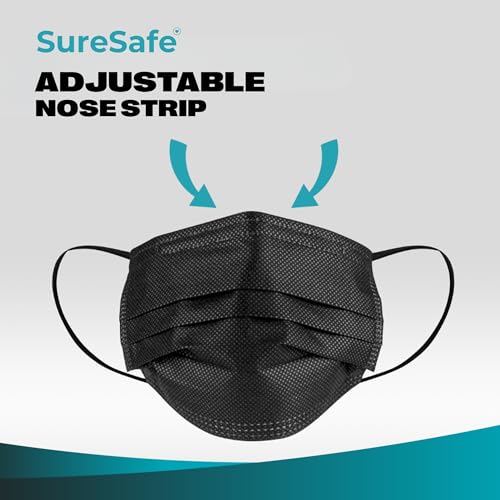 SURESAFE Premium Black Mask - Disposable Face Mask Pack Of 100 3 Ply Face Mask With Ear Loop Women And Men Face Mask High Filtration