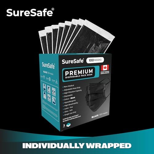 SURESAFE Premium Black Mask - Disposable Face Mask Pack Of 100/200/400/2000 3 Ply With Ear Loop Individually Wrapped