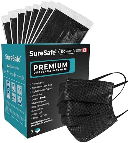 SURESAFE Premium Black Mask - Disposable Face Mask Pack of 100/200/400/2000 3 Ply with ear loop Individually Wrapped