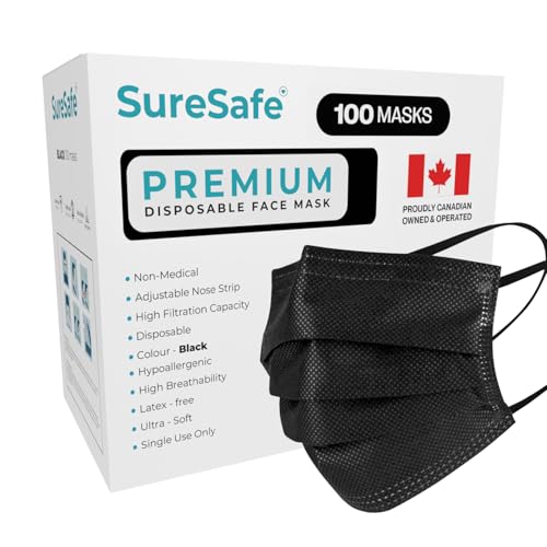 SURESAFE Premium Black Mask - Disposable Face Mask Pack of 100 3 Ply face mask with Ear Loop Women and Men Face Mask High Filtration